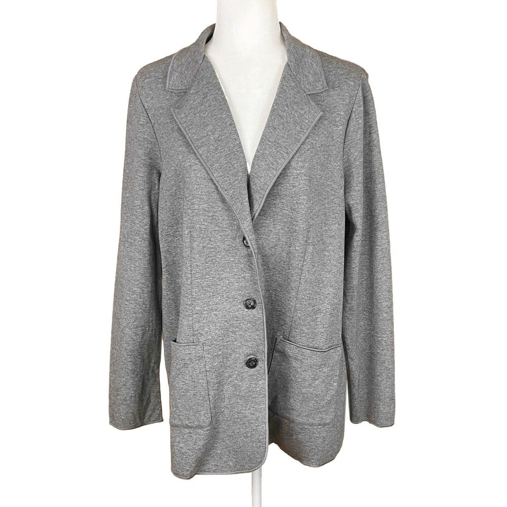 J Jill Knit Blazer Jacket Size L Tall Heather Gray Cotton Blend Pockets 3-Button